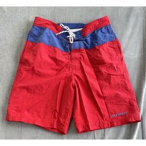 90s TOMMY HILFIGER Mens Medium Mesh Lined Red Blue Swim Trunks Shorts Colorblock